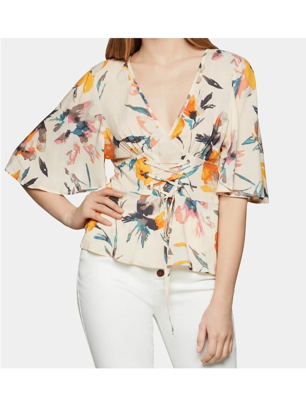 BCBGeneration Women's Beige Floral Ruffled Lace Up Corset Top